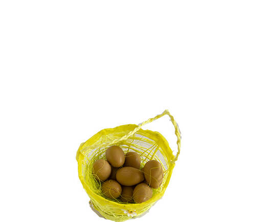 Panier de Pâques printanier orné de fleurs et  garni de 175 g de gros oeufs en chocolat pralinés